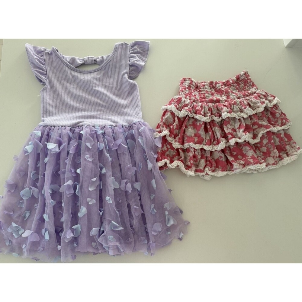 Girl's bundle dress purple tutu dress + floral print skirt Dillards collection S
